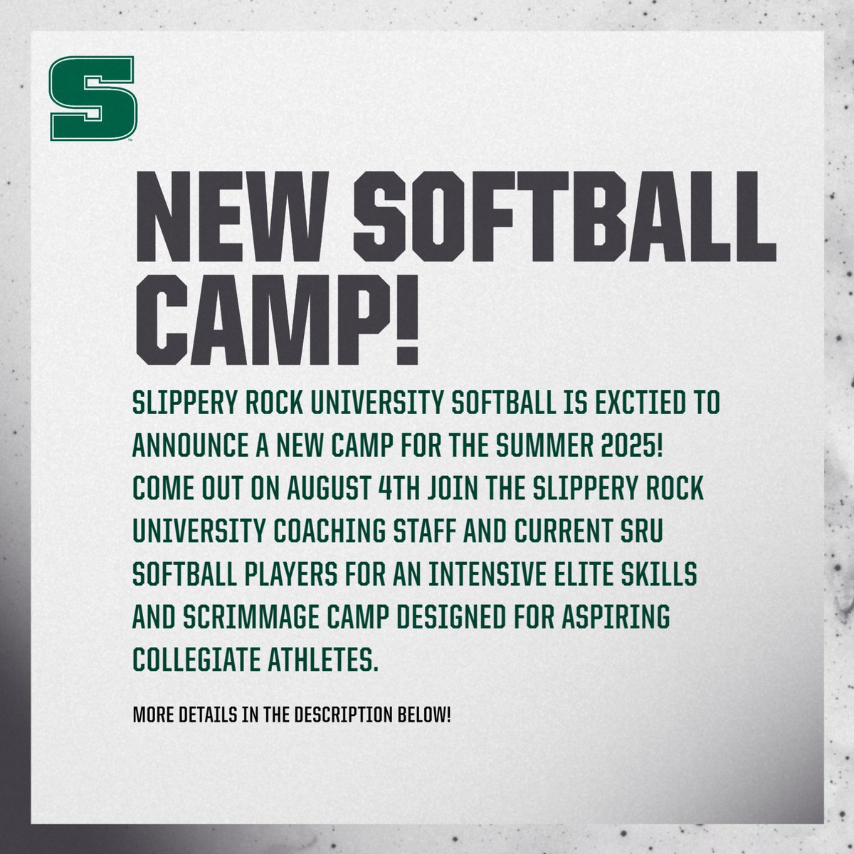Join the Slippery Rock University coaching staff and current SRU softball players for an intensive Elite Skills and Scrimmage Camp designed for aspiring collegiate athletes. 

Registration is live today by following the link in our bio, spots are limited!!