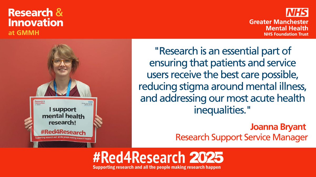 GMMH Research & Innovation (@gmmhresearch) on Twitter photo "Research is an essential part of ensuring that patients and service users receive the best care possible, reducing stigma around mental illness, and addressing our most acute health inequalities." Joanna Bryant, Research Support Service Manager. <a href="/GMMH_NHS/">Greater Manchester Mental Health</a> #Red4Research "Research is an essential part of ensuring that patients and service users receive the best care possible, reducing stigma around mental illness, and addressing our most acute health inequalities." Joanna Bryant, Research Support Service Manager. <a href="/GMMH_NHS/">Greater Manchester Mental Health</a> #Red4Research
