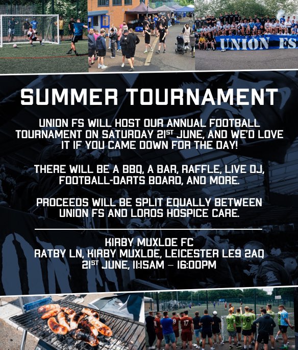 Football On The Soar (@footballotsoar) on Twitter photo IT’S A LEICESTER FIESTA 🦊🎉
Tomorrow’s a scorcher - and the lads and lasses from Union FS are hosting their annual tournament to raise much needed funds for <a href="/LOROSHospice/">LOROS Hospice</a> 💙
With a BBQ, bar and DJ’s, it’s gunna be a proper family funday 🍻
12pm onwards at Kirby Muxloe FC 🫡 IT’S A LEICESTER FIESTA 🦊🎉
Tomorrow’s a scorcher - and the lads and lasses from Union FS are hosting their annual tournament to raise much needed funds for <a href="/LOROSHospice/">LOROS Hospice</a> 💙
With a BBQ, bar and DJ’s, it’s gunna be a proper family funday 🍻
12pm onwards at Kirby Muxloe FC 🫡