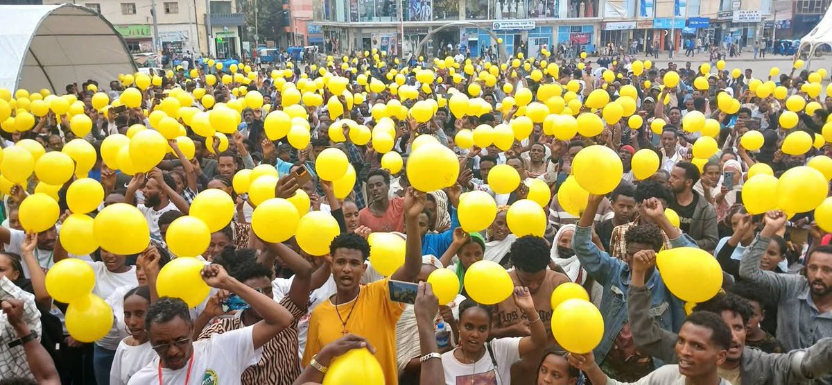 #Tigray: On the final day of the mass protest demanding the returning of IDPs and the full implementation of the COHA, protesters released 1,689 yellow balloons into the sky at Romanat Square each marking a day spent in camps since they were forcefully displaced from their home.