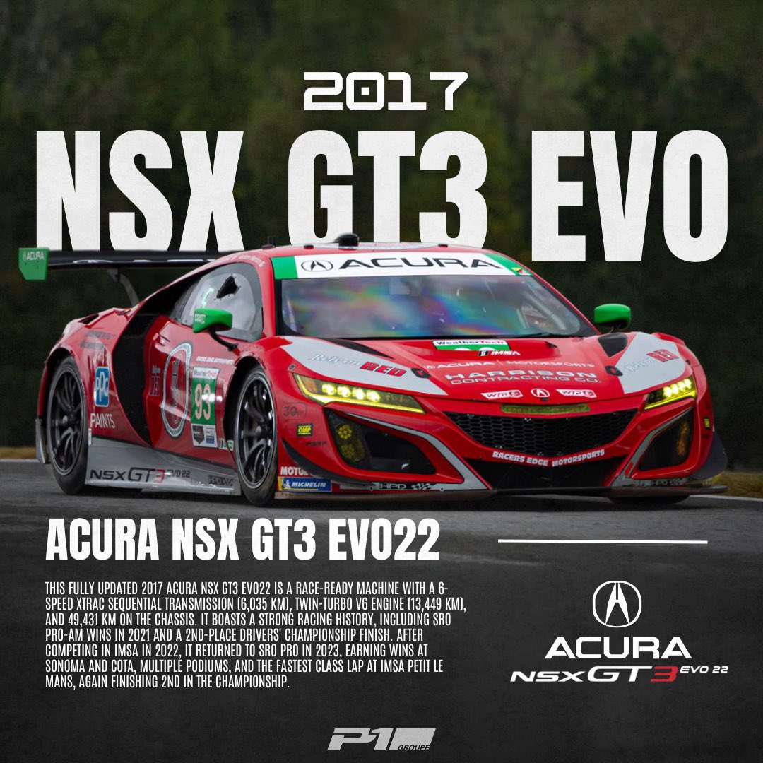 P1Groupe's tweet image. FOR SALE: 2017 Acura NSX GT3 EVO22
Turn Key | $184,900 (WAS $215K)
📍USA

Race-ready. SRO wins. IMSA podiums. Proven contender!

DM or visit P1Groupe.com 🔗

#p1groupe #racecar #carsforsale #motorsports #acura #nsx #gt3 #racecarsforsale #nsxgt3