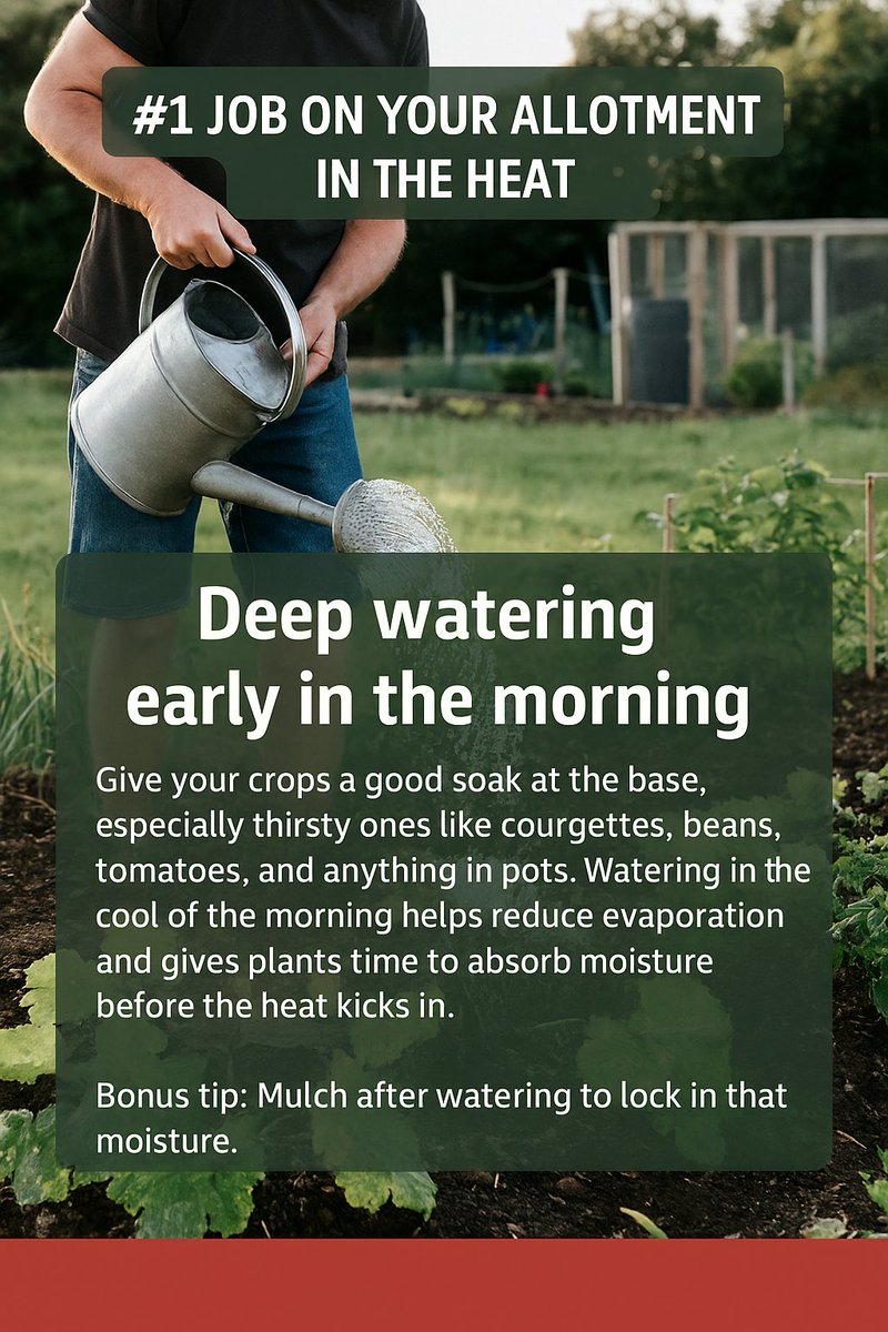 💧 Deep watering early in the morning
Give your crops a good soak at the base, especially thirsty ones like courgettes, beans, tomatoes, &amp; anything in pots. Watering in the cool of the morning helps reduce evaporation &amp; gives plants time to absorb moisture before heat kicks in.