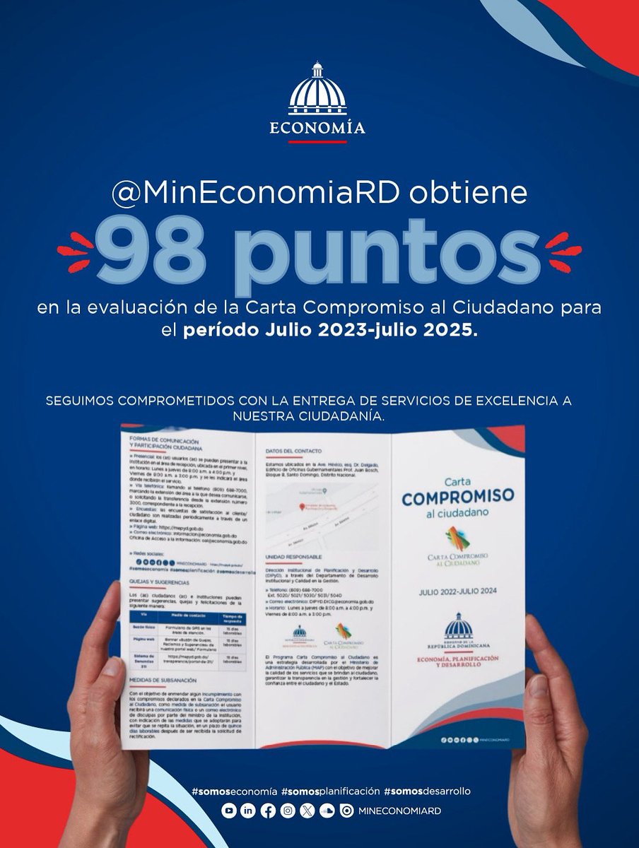 ¡@MinEconomiaRD obtuvo 98 puntos en la evaluación de la Carta Compromiso al Ciudadano! 

🏆 Se destacó el excelente manejo de medios institucionales. Seguimos comprometidos con la calidad y la transparencia. 💼✨ 

#SomosEconomía #Transparencia