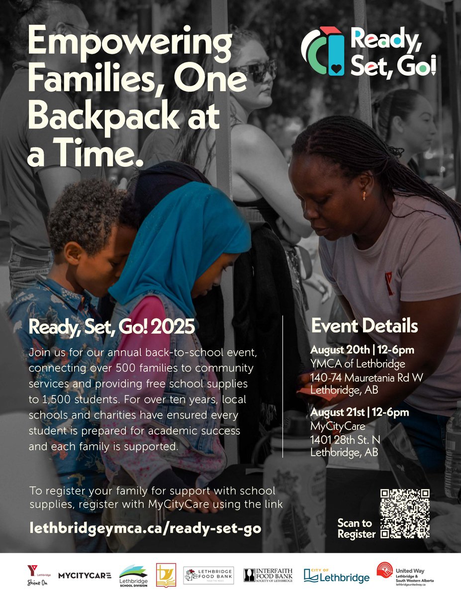 Ready, Set, Go! 2025 is back! 
Free school supplies + community support for 1,500+ students. Aug 20 @ YMCA | Aug 21 @ MyCityCare 12–6PM both days Register:
lethbridgeymca.ca/ready-set-go
#ReadySetGo2025 #BackToSchool #hs4 #IBelieveInCatholicEd
