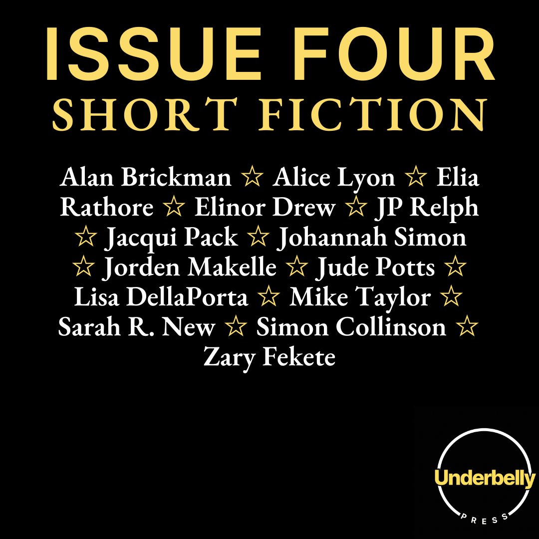 UnderbellyPress's tweet image. SHORT FICTION
Alan Brickman ☆ Alice Lyon ☆ @butterbooter ☆ Elinor Drew ☆ @RelphJp ☆ @JPCertHum ☆ @JohannahWrites ☆ @JordenMakelle  ☆ Jude Potts ☆ Lisa DellaPorta ☆ @Miketaylor9T ☆ @aldbera ☆ @simon_coll87859 ☆ @ZaryFekete