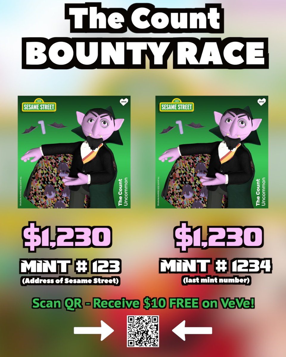 Comics & Crypto (@comicsandcrypto) on Twitter photo 🎯 THE COUNT BOUNTY RACE IS ON! 🎯
We’re placing a $1,230 bounty on The Count’s Uncommon digital collectible (#123 or #1234) dropping on <a href="/veve_official/">VeVe | Digital Collectibles</a> and it’s going to be a race to the finish line…
HOW TO WIN:
1️⃣ Mint The Count Uncommon #123 or #1234
2️⃣ Email us: 🎯 THE COUNT BOUNTY RACE IS ON! 🎯
We’re placing a $1,230 bounty on The Count’s Uncommon digital collectible (#123 or #1234) dropping on <a href="/veve_official/">VeVe | Digital Collectibles</a> and it’s going to be a race to the finish line…
HOW TO WIN:
1️⃣ Mint The Count Uncommon #123 or #1234
2️⃣ Email us: