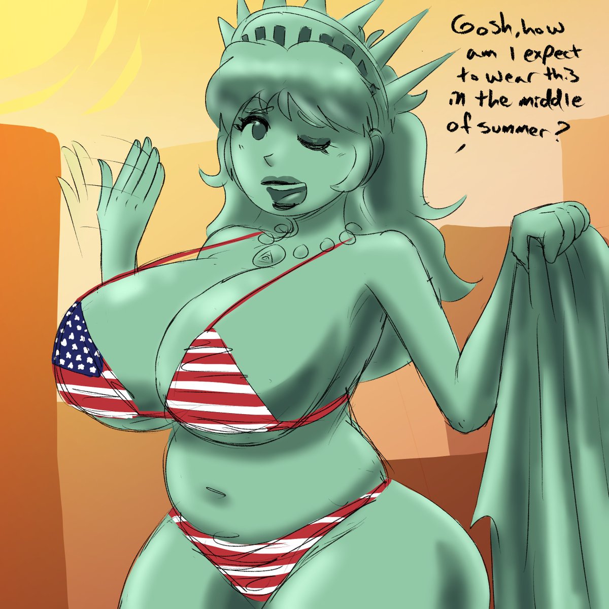 Since folks seemed to like the previous one even if it was a crude sketch. Here's a quick sequel suggested by the stream chat in an american flag print bikini, ahead of schedule of 4th of July. (or I could always do a more refined take on it around then)