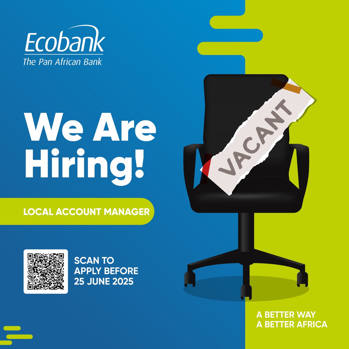 We’re hiring! Ecobank is looking for a Local Account Manager to join our team.
Think you’re the right fit? Apply now and be part of a dynamic, growth-driven environment. 

Scan the QR Code to apply or click the link below: shorturl.at/bHFnY

#EcobankRW