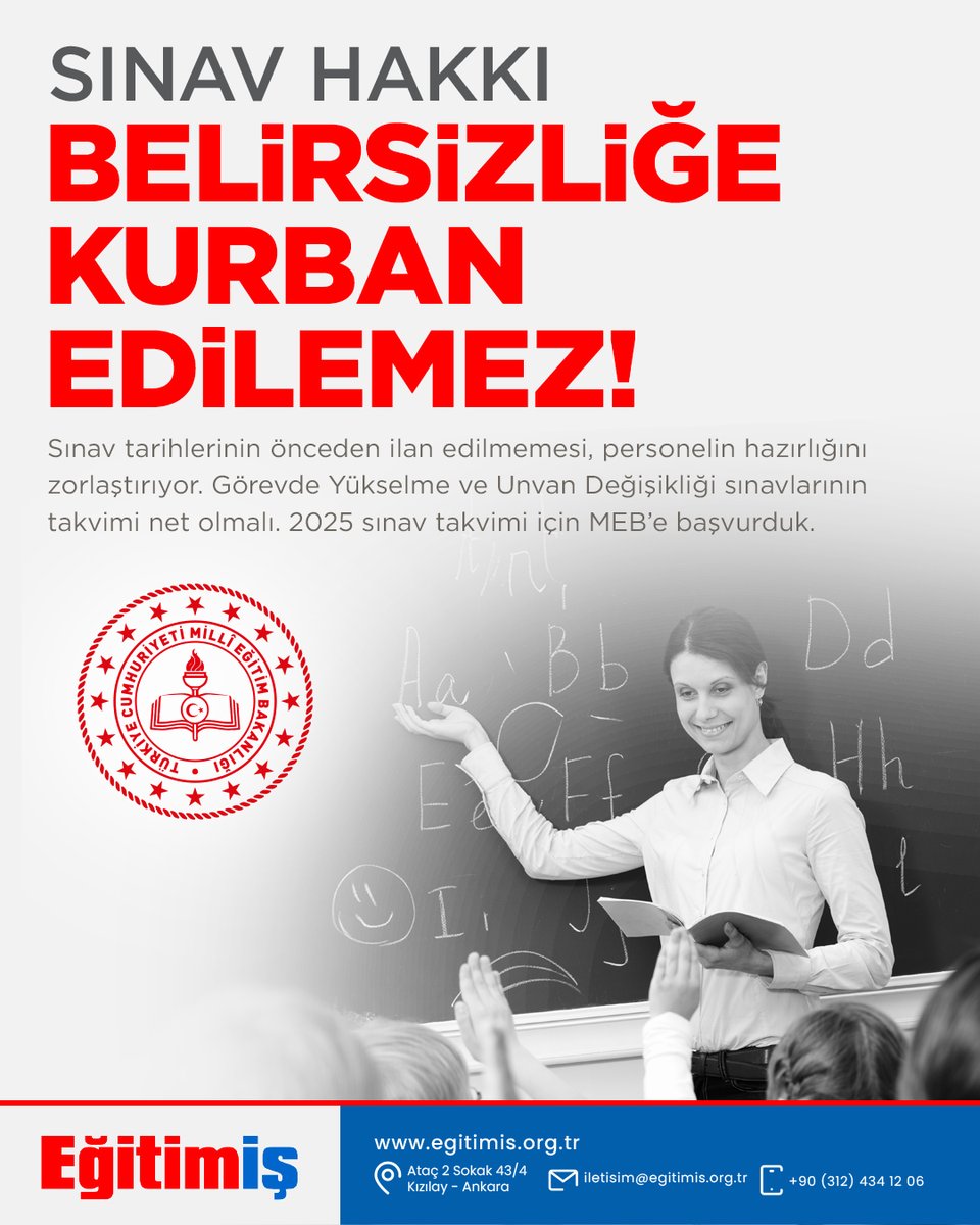 Sınav tarihlerinin önceden ilan edilmemesi, personelin hazırlığını zorlaştırıyor. Görevde Yükselme ve Unvan Değişikliği sınavlarının takvimi net olmalı. 2025 sınav takvimi için MEB’e başvurduk.

Açıklamanın Tamamını Okumak İçin Tıklayınız;
egitimis.org.tr/guncel/sendika…

#meb
