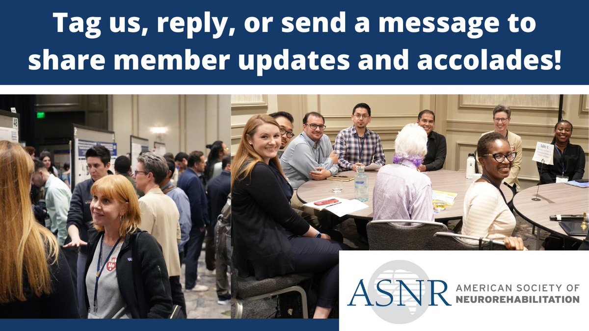 We're excited to highlight our members, promote their work, and share their accomplishments on our social media channels! Have a new paper out? Know an ASNR member who has recently been honored with an award? We want to hear about it! 

#neurorehabilitation #neurotwitter