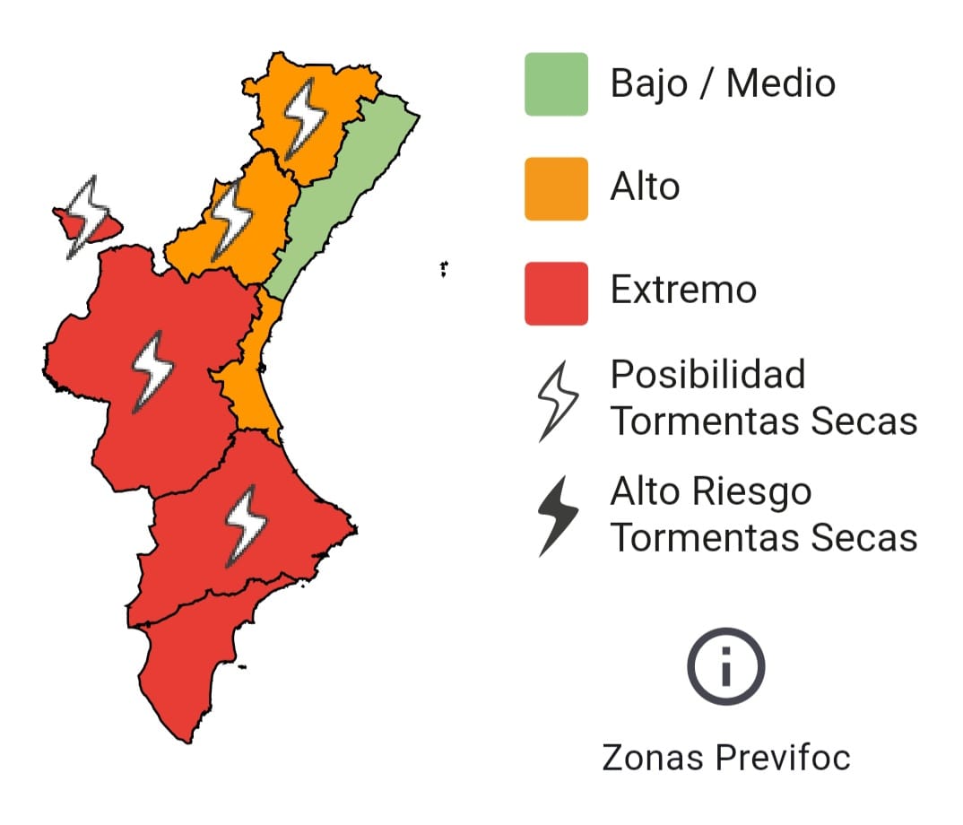 ⚠️El nivell de preemergència per risc d'incendi forestal per a demà 21/06 és:

🔴Extrem a l'interior de València i tota la província d'Alacant.

🟠Alt a l'interior de Castelló i litoral de València.

🟢Baix-mitjà al litoral de Castelló.

❌🔥Recordem que amb nivell 3 (extrem) de