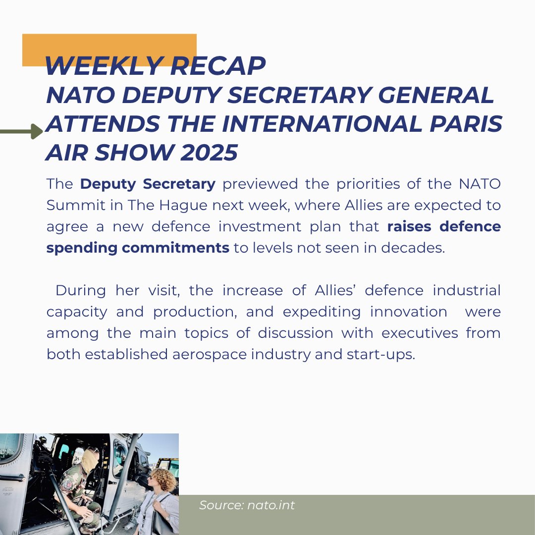 NATOFoundation's tweet image. 📢 Welcome to the Weekly Recap of "NATO Affairs: Today's Overview"
📰 This week in NATO:
🔷 NATO Military Committee CHAIR visits Türkiye
🔷 NATO Secretary General attends G7 Summit
🔷 NATO Deputy Secretary General attends the international Paris Air Show 2025