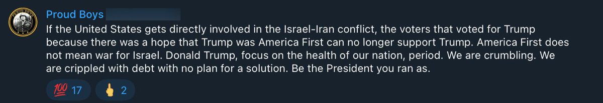 The Proud Boys have apparently announced on social media that "if the United States gets directly involved in the Israel-Iran conflict, the voters that voted for Trump because there was a hope that Trump was America First can no longer support Trump."