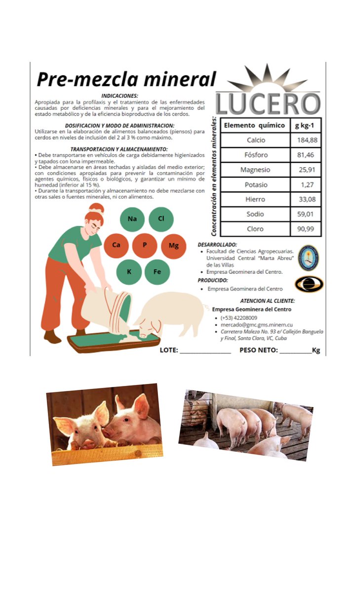 El desarrollo de nuevos productos: Pre-mezcla mineral para cerdos,  recomendada para su utilización en la elaboración de alimentos balanceados; apropiada para la profilaxis y el tratamiento de las enfermedades causadas por deficiencias minerales
#GeoMCmineralesparaeldesarrollo