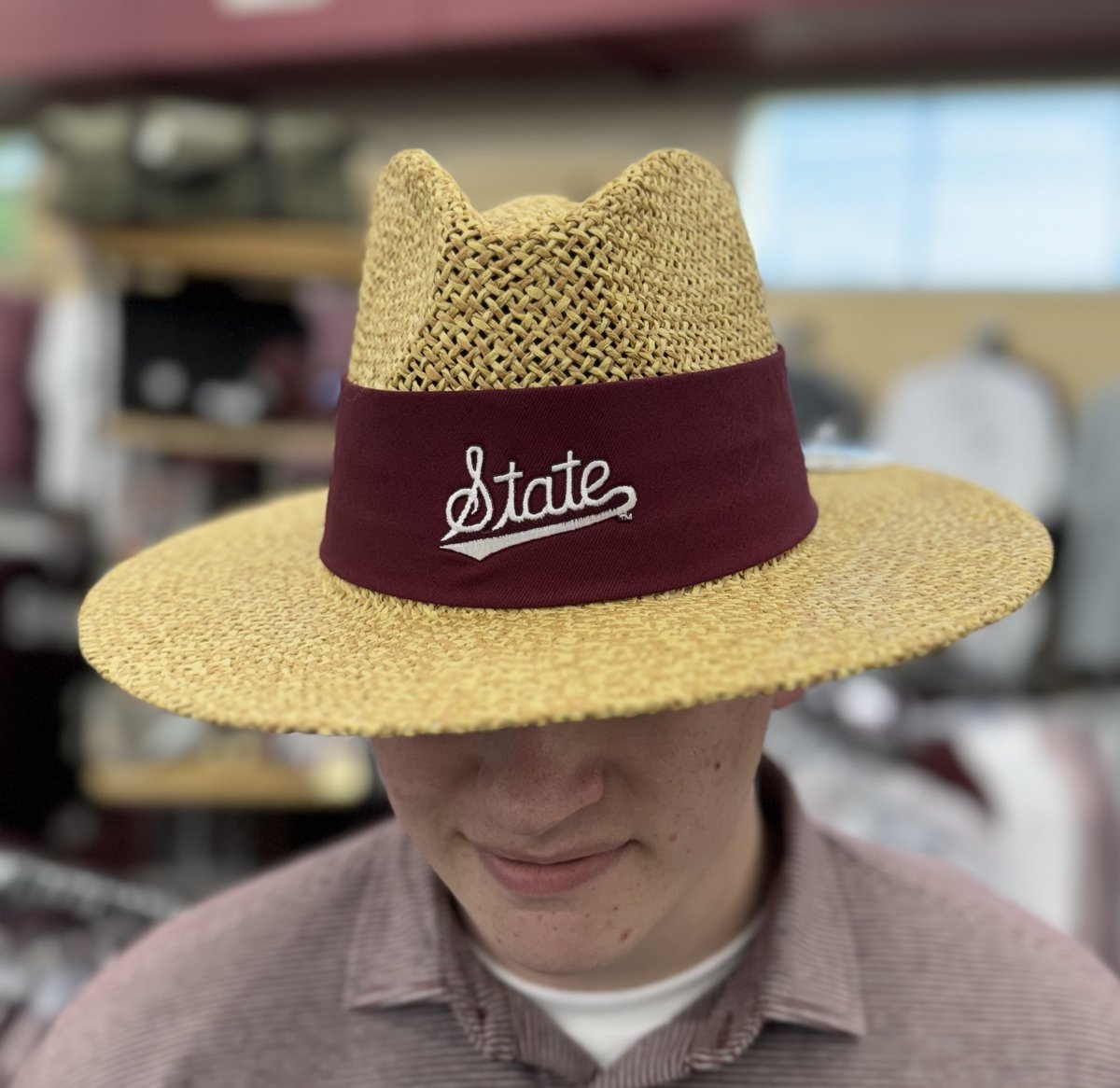 Gentlemen, be Summer ready with this State script straw hat! 
Shop now: ow.ly/cZB250WcZNM
#HailState #mensfashion
