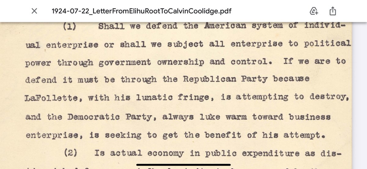 “lunatic fringe”…Republican Party talks to itself, 1924 iteration…Statesman Elihu Root to Pres Coolidge…Root is listing big questions before Party…