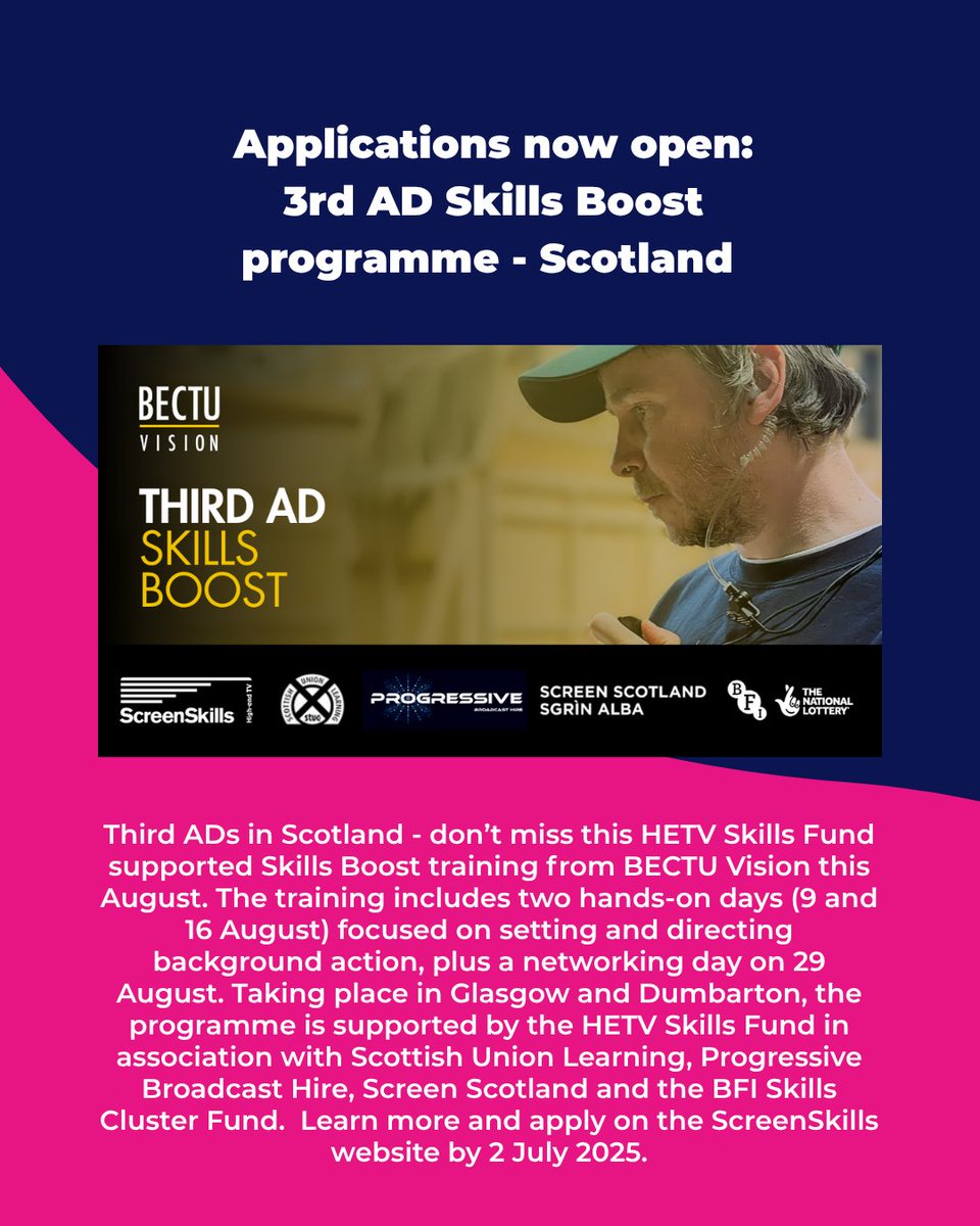 ScreenSkills (@ukscreenskills) on Twitter photo Third ADs in Scotland - don’t miss this #HETVSkillsFund supported Skills Boost training from <a href="/BectuV/">BECTU Vision</a>. It includes two hands-on days (9 and 16 August) focused on setting and directing background action, plus a networking day on 29 August. Apply now: screenskills.com/bookings/third… Third ADs in Scotland - don’t miss this #HETVSkillsFund supported Skills Boost training from <a href="/BectuV/">BECTU Vision</a>. It includes two hands-on days (9 and 16 August) focused on setting and directing background action, plus a networking day on 29 August. Apply now: screenskills.com/bookings/third…