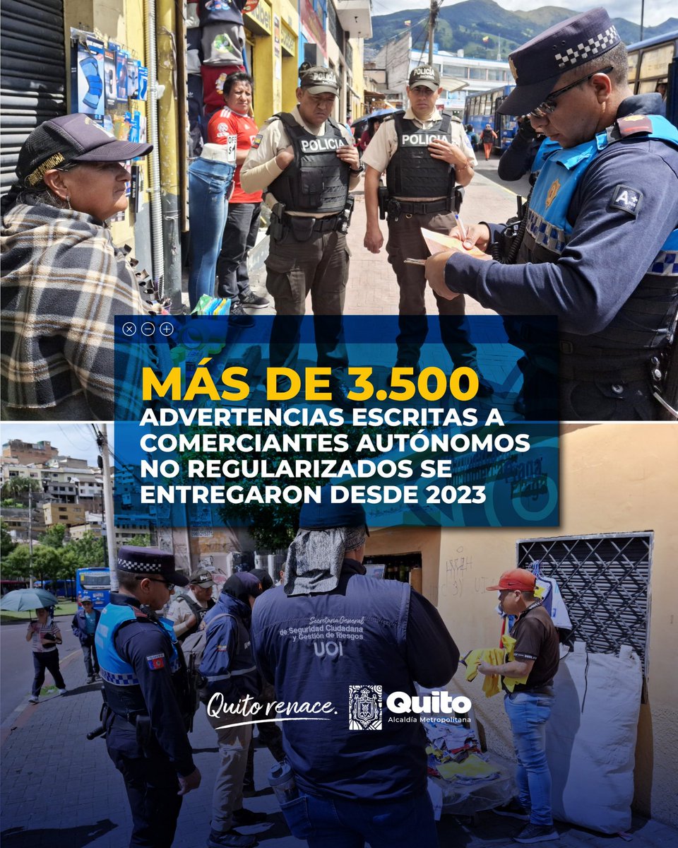 📍 #QuitoOrdenado | Desde 2023, se han emitido 3.575 actas de advertencia a comerciantes autónomos no regularizados.
👥 La <a href="/amcquito/">Agencia Metropolitana de Control</a> y <a href="/agentesdequito/">Cuerpo de Agentes de Control Metropolitano</a> aplican un protocolo progresivo:
1️⃣ Diálogo
2️⃣ Notificaciones escritas
3️⃣ 🚫 Sanción y retención si no hay regularización
💡