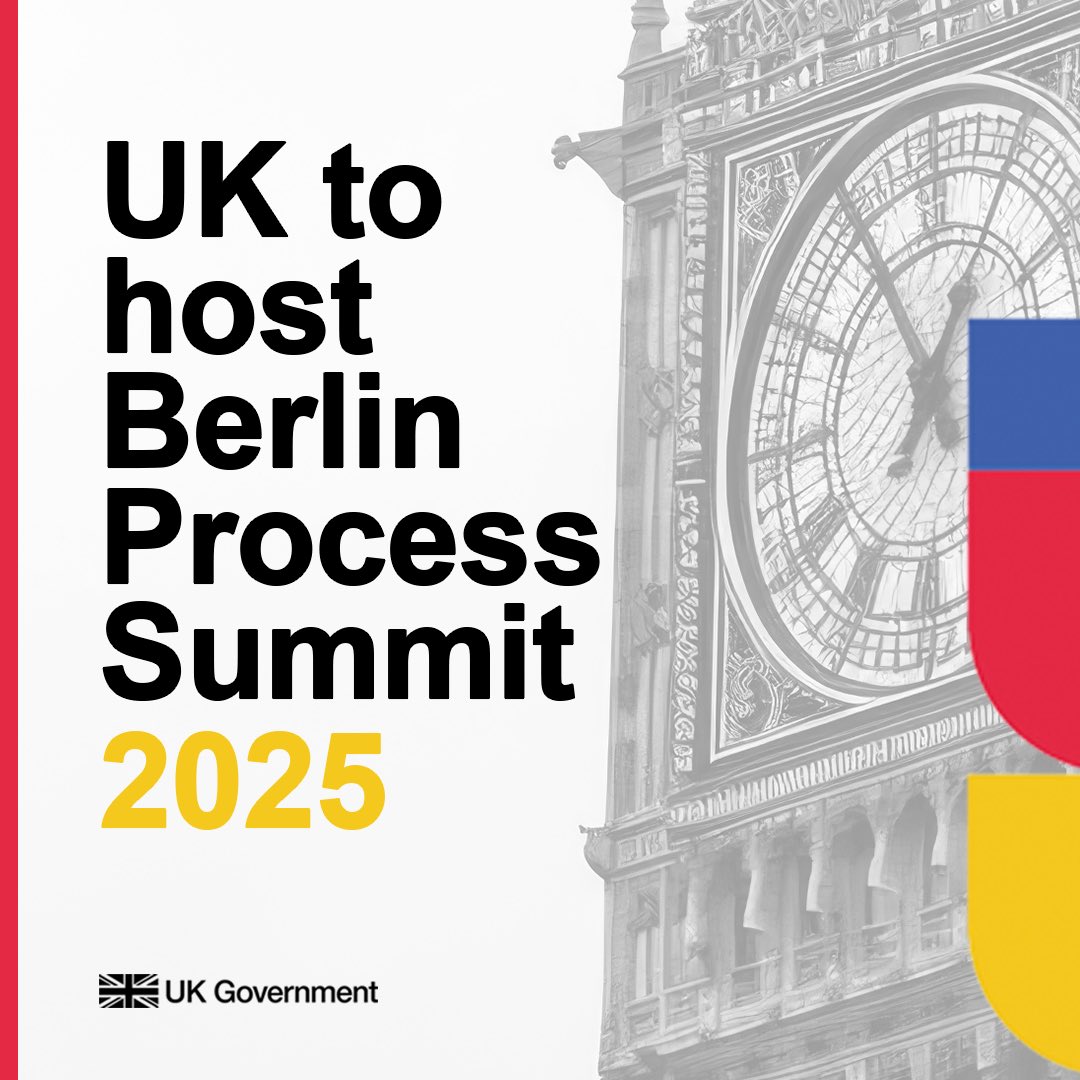 📢 The UK will host the Berlin Process Summit on 22 October.
 
Together with Western Balkan leaders we will increase co-operation on:
 
🤝 Boosting European security
🤝 Countering irregular migration
🤝 Driving economic growth
 
🇦🇱🇧🇦🇽🇰🇲🇪🇲🇰🇷🇸