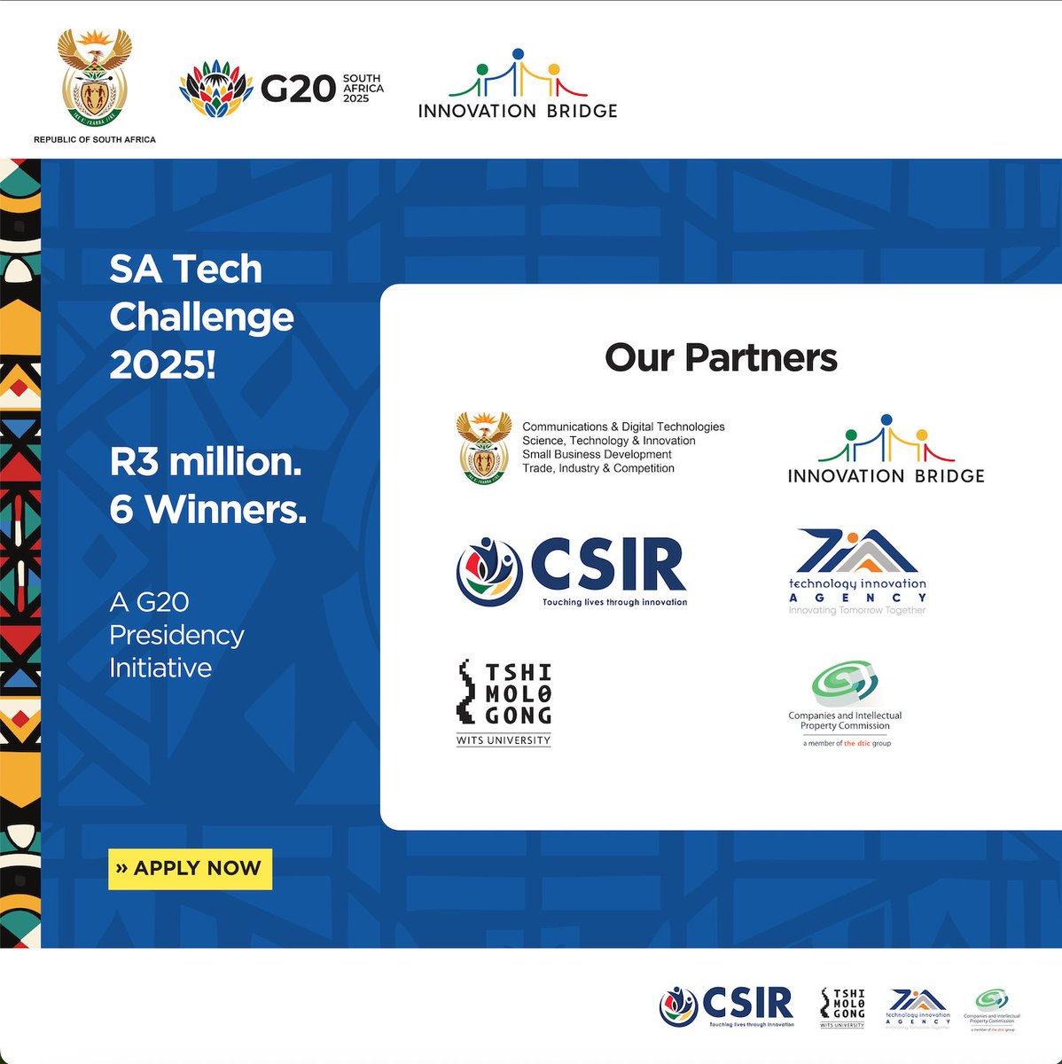SA Tech Challenge 2025 is backed by DSTI, TIA, DSBD, DCDT, CIPC, CSIR, Innovation Bridge Portal &amp; Tshimologong, each powering innovation through funding, support, IP, exposure &amp; infrastructure.
Deadline: 30 June 2025
satechchallenge.co.za
#SATechChallenge2025 #G20SouthAfrica
