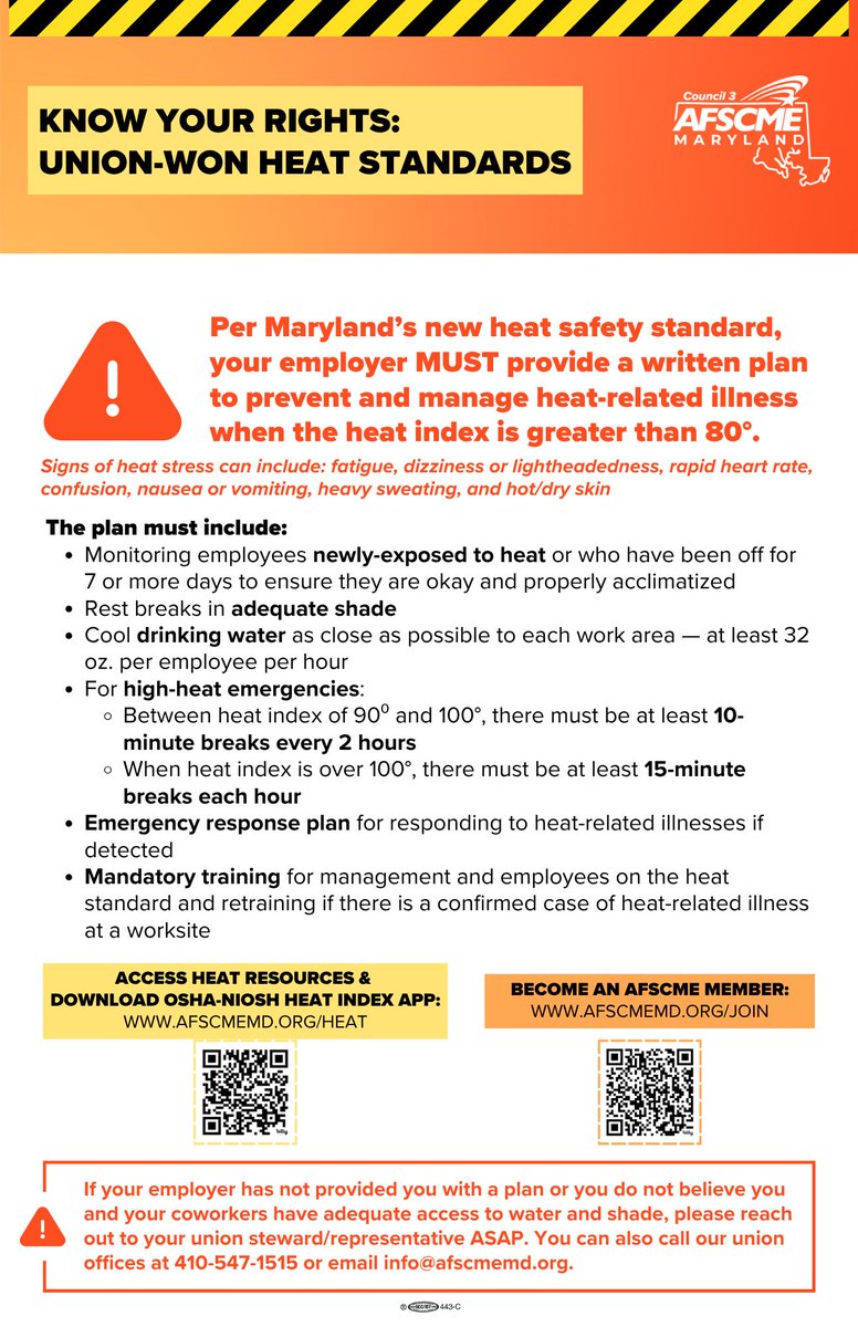 AFSCME Maryland Council 3 (@afscmemaryland) on Twitter photo ⚠️ During this heat wave, be sure you are PROTECTED in this heat. ⚠️
If you do not have access to proper heat safety measures, please reach out to your union steward/representative ASAP. You can also call our union office at 410-457-1515 or email info@afscmemd.org. ⚠️ During this heat wave, be sure you are PROTECTED in this heat. ⚠️
If you do not have access to proper heat safety measures, please reach out to your union steward/representative ASAP. You can also call our union office at 410-457-1515 or email info@afscmemd.org.