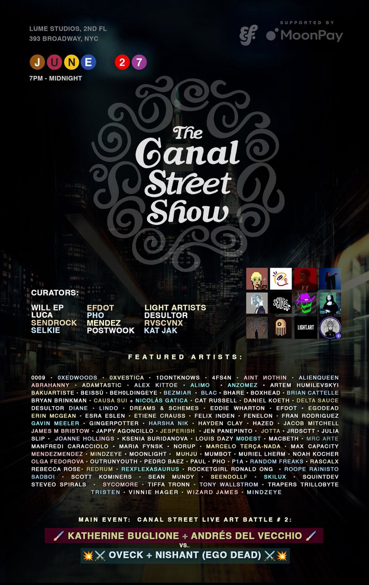 🚦🎨 ARTIST LINE UP IS HERE! 🎨🚦

For the @canalstreetshow Vol. 4
 
Artists tagged below – Follow &amp; celebrate these talented people.

Can't wait to see everyone at the show on Friday! ✨