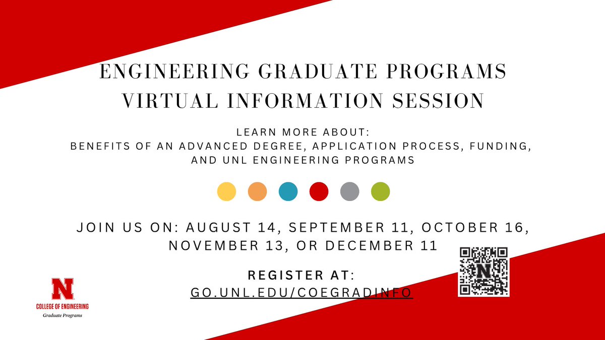 unl_engrgrad's tweet image. Interested in learning more about engineering graduate school? Learn more about @NebEngineering
graduate programs at our next online information session. Register at go.unl.edu/coegradinfo