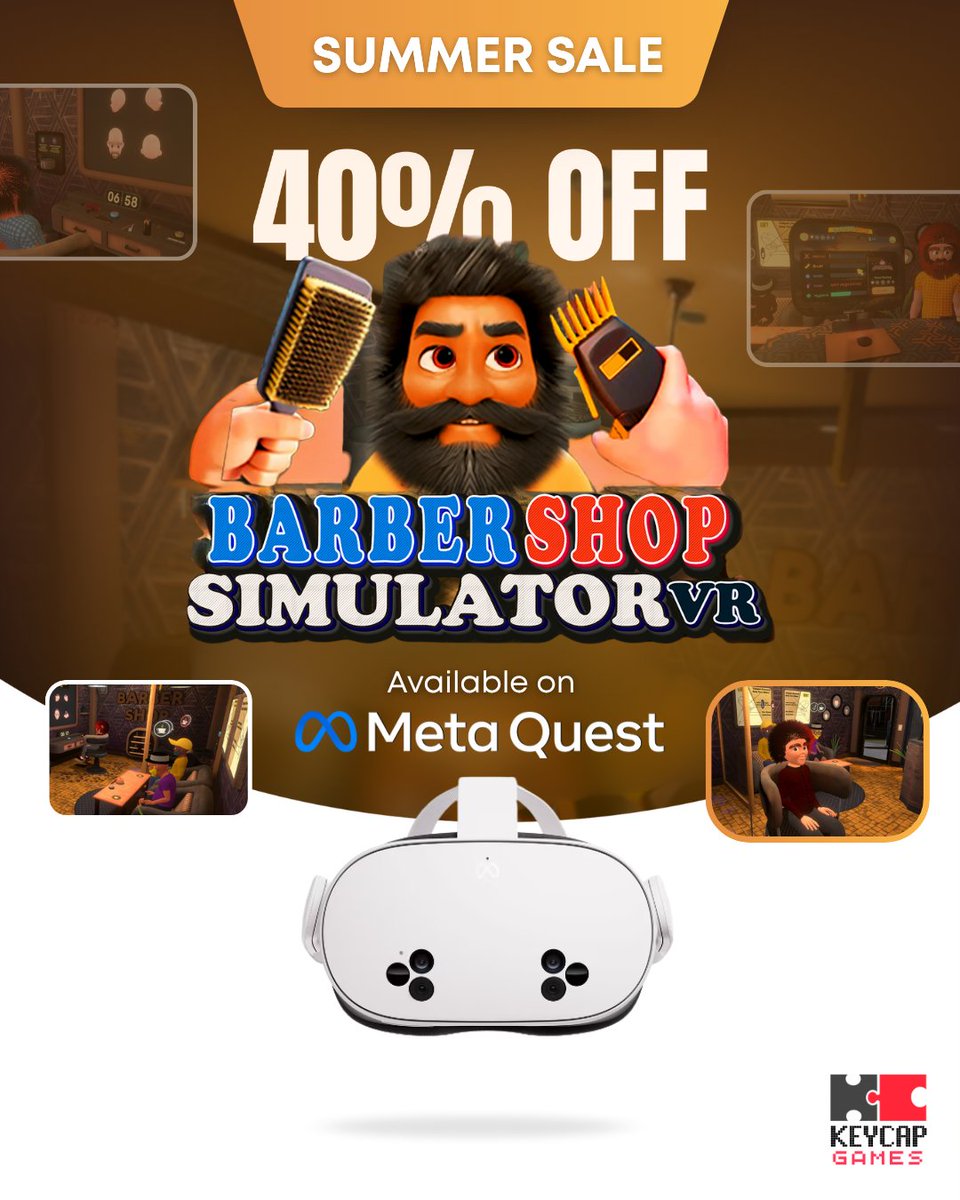 KeycapGamesX's tweet photo. Fade with flair✂️
Barbershop Simulator VR is 40% OFF during the Summer Sale! Cut, clean, and run your own chaotic shop in VR.

💈Now on Meta Quest: https://t.co/sEcrYj7aka

#BarbershopSimulatorVR #VRGaming #MetaQuest #SummerSale https://t.co/1d1pjMkQpP