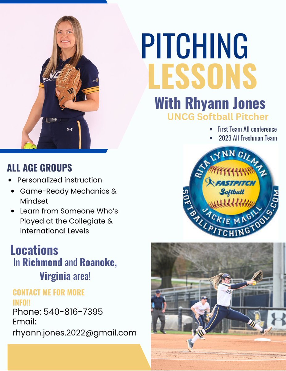 I’m offering pitching lessons in the Richmond &amp; Roanoke, VA areas this summer!
✨ Personalized coaching
✨ Focus on mechanics, mindset &amp; confidence
✨ Learn from someone with D1 &amp; international experience
If you're interested or want more info, feel free to reach out!
