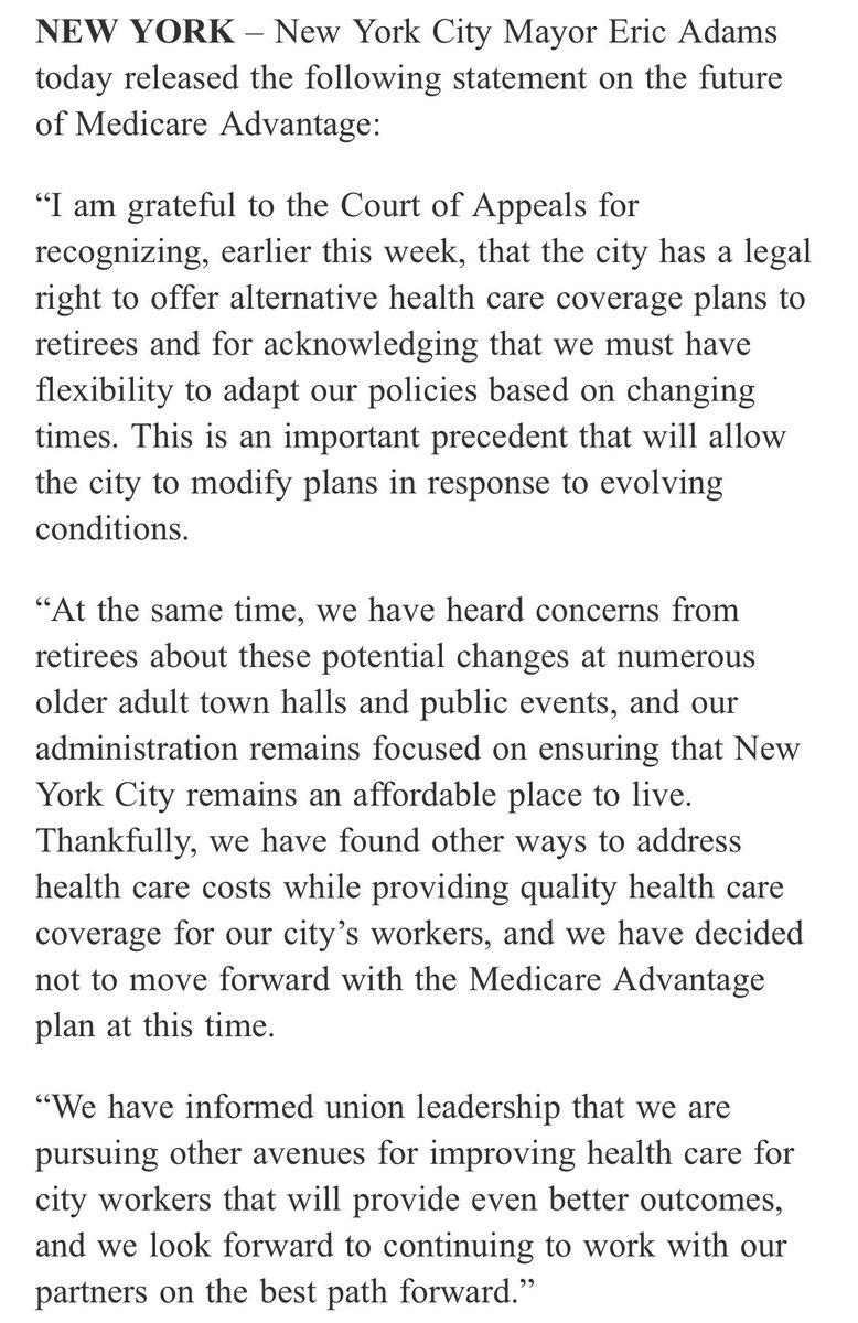 INBOX: Mayor Adams — whose administration has fought in court for years to shift the city government's retirees into a controversial Medicare Advantage plan — now says he will NOT move forward with the plan after finally winning a court case on the matter after several loses.
