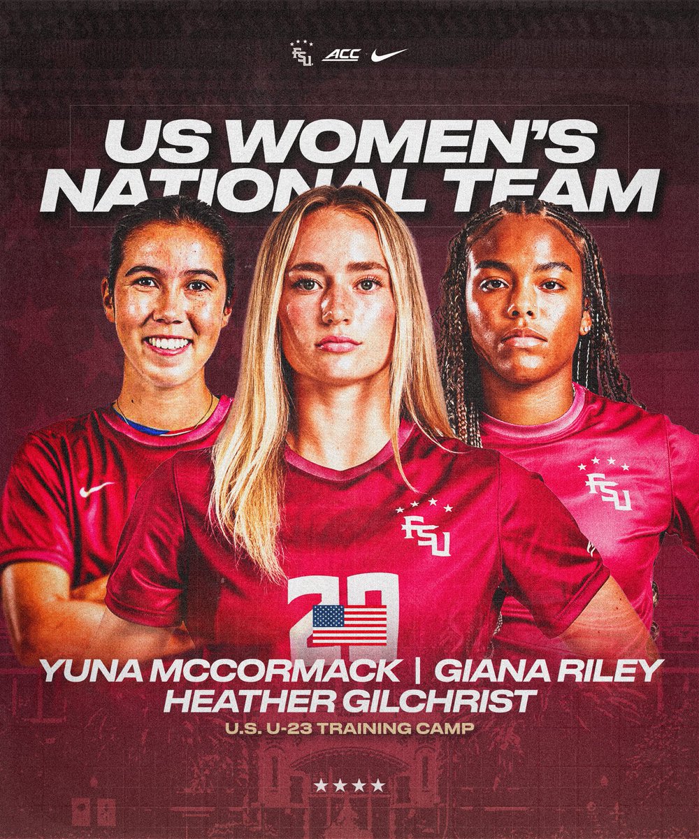 FSU Soccer (@fsusoccer) on Twitter photo 𝐂𝐀𝐋𝐋𝐄𝐃 𝐔𝐏 📞📞📞
Heather Gilchrist, Yuna McCormack, and Giana Riley have been named to the U.S. U-23 Women’s Training Camp in Commerce City, Colorado 🇺🇸💥
#OneTribe 𝐂𝐀𝐋𝐋𝐄𝐃 𝐔𝐏 📞📞📞
Heather Gilchrist, Yuna McCormack, and Giana Riley have been named to the U.S. U-23 Women’s Training Camp in Commerce City, Colorado 🇺🇸💥
#OneTribe