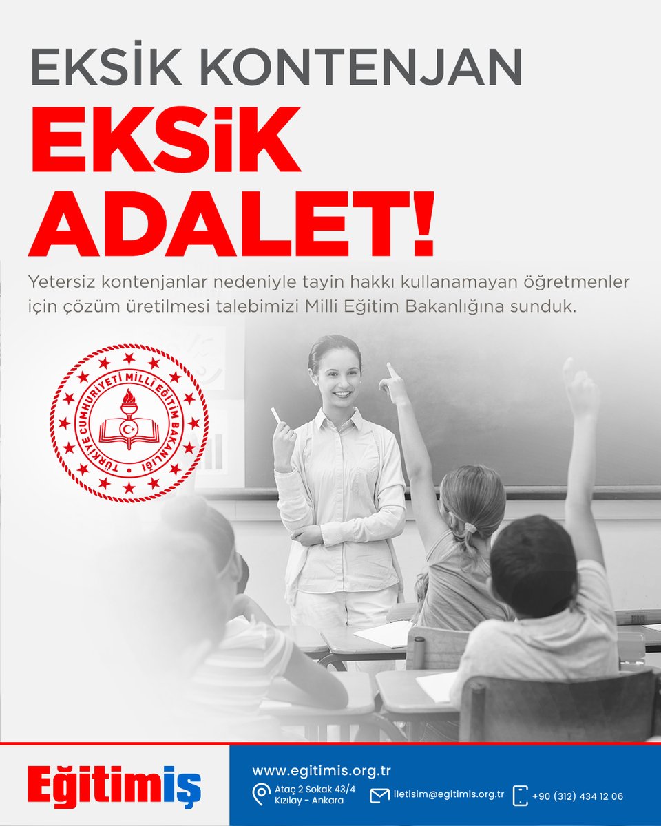 Eksik Kontenjan, Eksik Adalet!

Yetersiz kontenjanlar nedeniyle tayin hakkı kullanamayan öğretmenler için çözüm üretilmesi talebimizi Milli Eğitim Bakanlığına sunduk.

Açıklamanın Tamamını Okumak İçin Tıklayınız;
egitimis.org.tr/guncel/sendika…

#meb #öğretmen #öğretmentayinhakkı