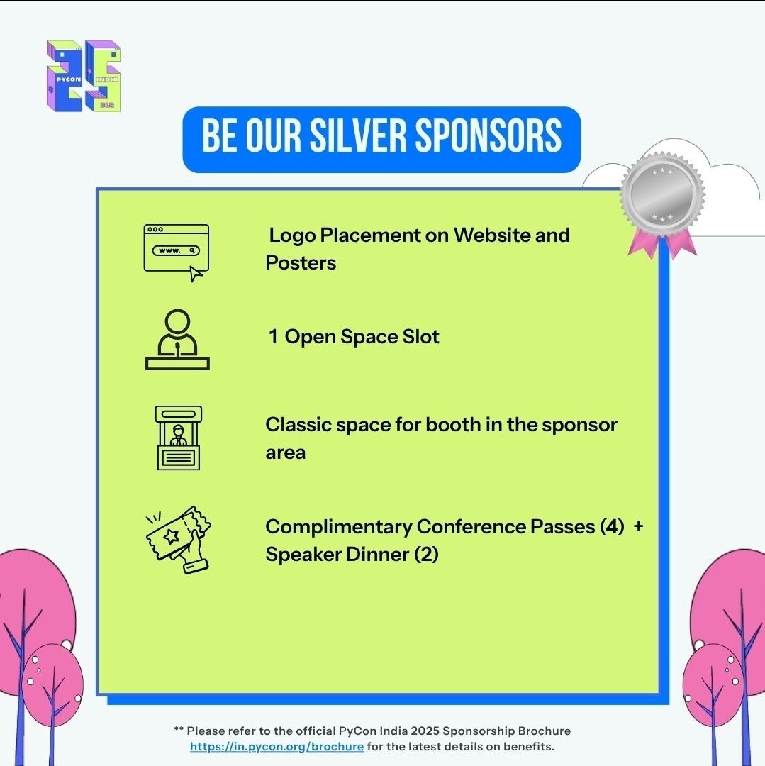 pyconindia's tweet image. Shiny bright in the #Python spotlight.
Go #Silver- Sometimes, the magic is in being right where the action is.
At #PyConIndia2025, the Silver Tier gives you space to be seen and to stand out.
Ready to make your move?
#PyConIndia2025 #SilverSponsor #PythonCommunity #TechEvents