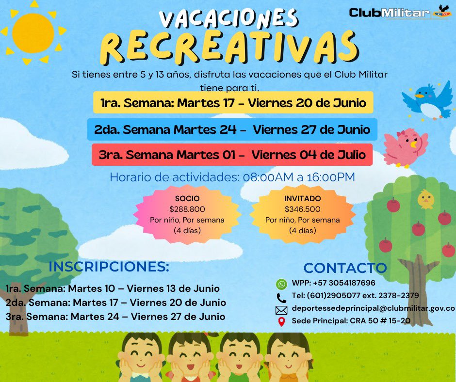 Club_Militar's tweet photo. 🌞 Vacaciones Recreativas en el Club Militar 🎉
Prepárate para vivir semanas llenas de alegría, juegos, aprendizaje y nuevas amistades con nuestra Minitropa Recreativa. 🧒👧🎨⚽ https://t.co/S8mcWD1iqO