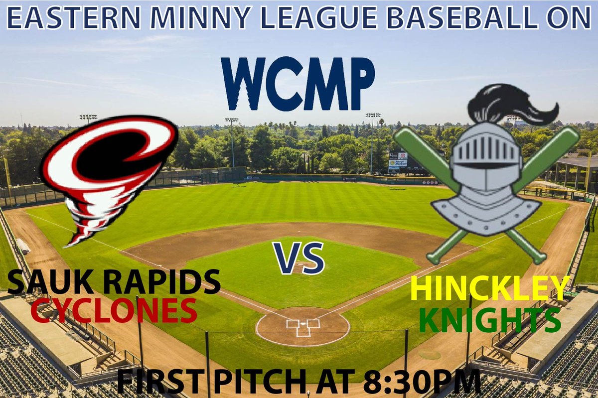Town Ball action tonight on WCMP!

Sauk Rapids Cyclones at Hinckley Knights 8:30PM
Listen live on 106.5FM-AM1350
Watch live at: youtube.com/live/Y8M3swXO9…

<a href="/HinckleyKnights/">Hinckley Knights</a> 
<a href="/CoachHasz/">Ted Hasz</a>