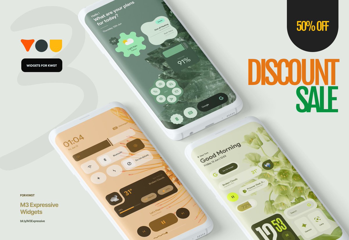 📱 M3 Expressive Widgets for KWGT
🎯 50% OFF – Limited Time!

✨ Clean designs. Smart layout. Full customization.

🎁 GIVEAWAY 
5 people will win a promo code!

To enter:
✔️ Like this post
🔁 Repost
💬 Comment your favorite emoji

Get it now 👉 bit.ly/M3Expressive

#KWGT