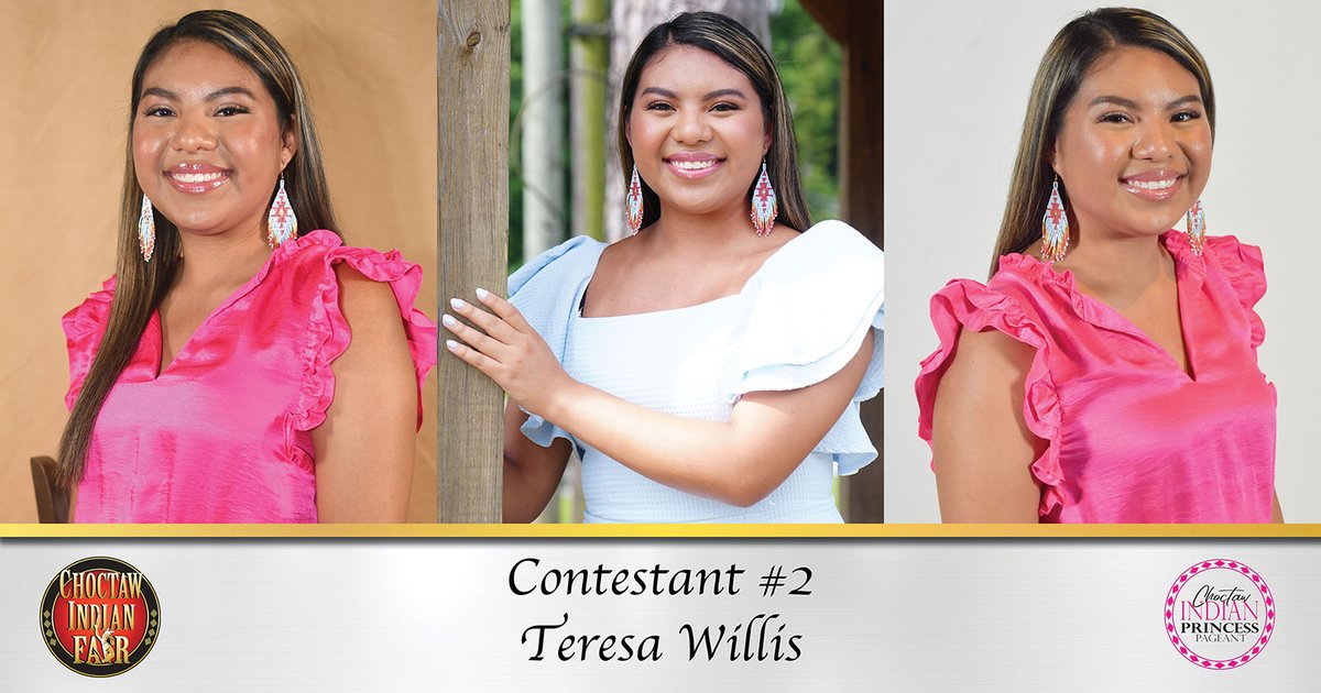 NAME:  Teresa Willis
 
CONTESTANT:  2
 
SPONSOR:  Tucker Development Club
 
WHAT IS YOUR FAVORITE PART OF THE CHOCTAW INDIAN FAIR, AND WHY?  My favorite part is going out to the dance grounds and watching a variety of social dance groups.