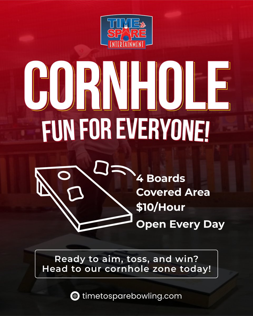 time2sparebowl's tweet image. 🎯 Cornhole: Fun for Everyone at Time to Spare Entertainment! 🎉

Find out more: 🌐 timetosparebowling.com

#Cornhole #FunForEveryone #Time2Spare #GameOn #FamilyFun #IndoorGames