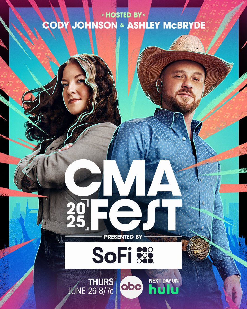 Audacy (@audacy) on Twitter photo Watch CMA Fest presented by <a href="/SoFi/">SoFi</a>, on Thu, 6/26 at 8/7c on <a href="/ABC/">ABC News</a> hosted by <a href="/codyjohnson/">Cody Johnson</a> + <a href="/AshleyMcBryde/">Ashley McBryde</a>! 🤠
The three-hour primetime concert special brings Country Music’s Ultimate Fan Experience to YOU!
More: auda.cy/4kPbeV9 Watch CMA Fest presented by <a href="/SoFi/">SoFi</a>, on Thu, 6/26 at 8/7c on <a href="/ABC/">ABC News</a> hosted by <a href="/codyjohnson/">Cody Johnson</a> + <a href="/AshleyMcBryde/">Ashley McBryde</a>! 🤠
The three-hour primetime concert special brings Country Music’s Ultimate Fan Experience to YOU!
More: auda.cy/4kPbeV9