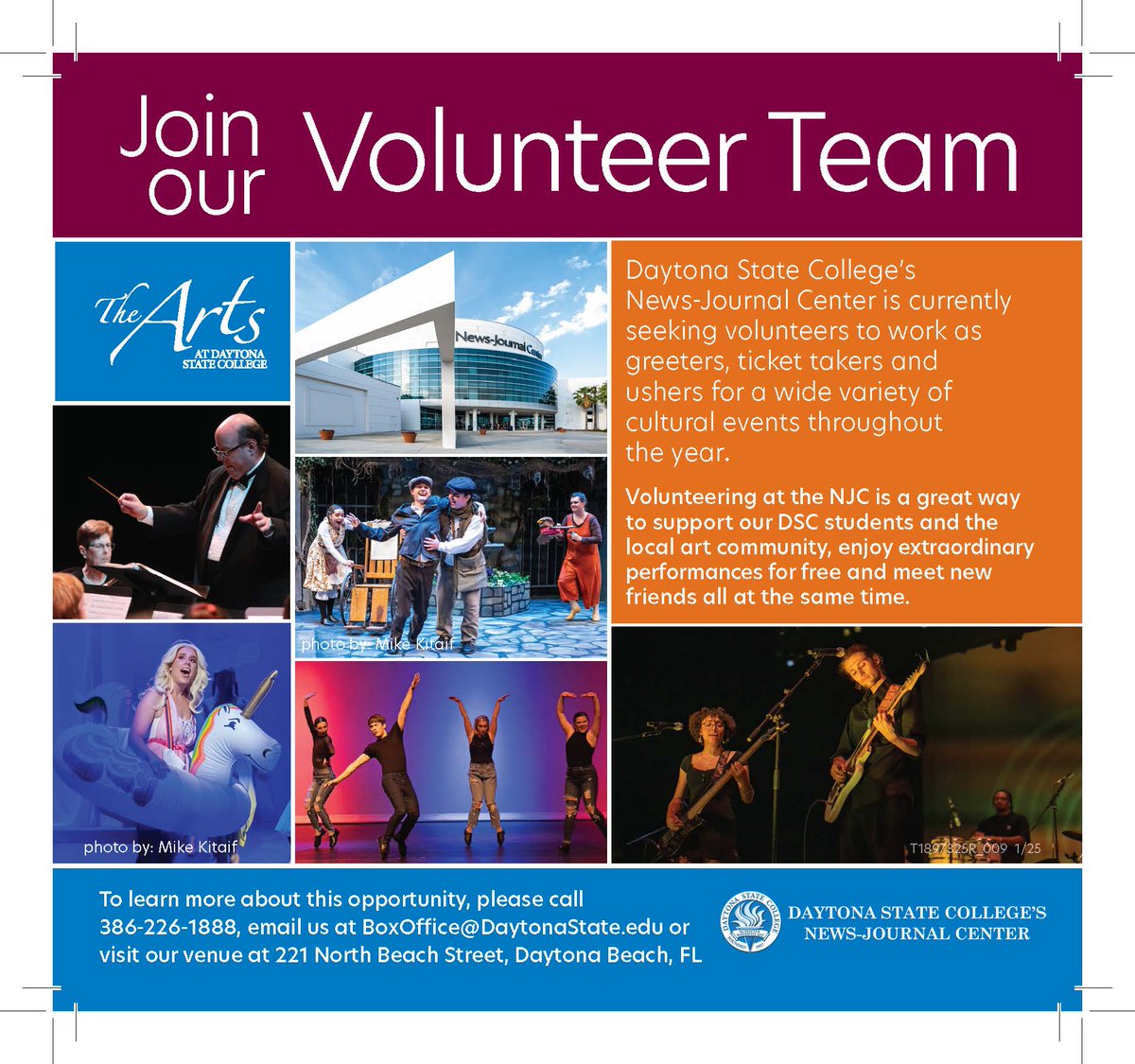 Daytona State (@dsc_news) on Twitter photo The Daytona State College News-Journal Center is seeking volunteers to serve as greeters, ticket takers and ushers for shows throughout the year.
To learn more, call 386-226-1888 or email BoxOffice@DaytonaState.edu. The Daytona State College News-Journal Center is seeking volunteers to serve as greeters, ticket takers and ushers for shows throughout the year.
To learn more, call 386-226-1888 or email BoxOffice@DaytonaState.edu.
