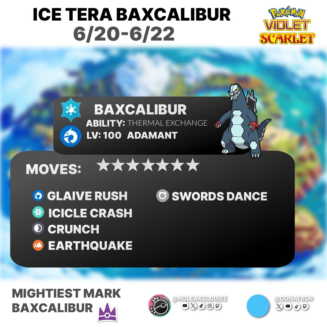 NoLeaksLouiee's tweet image. Ice Tera Type Baxcalibur is LIVE in 7 Star Raids in Pokemon Scarlet and Violet! 🌟

Baxcalibur (who will have the mightiest mark) can only be captured once per save file!

🗓️June 20th - June 22nd (will return for rerun weekend)

#Pokemon #PokemonScarletViolet #PokemonEvent