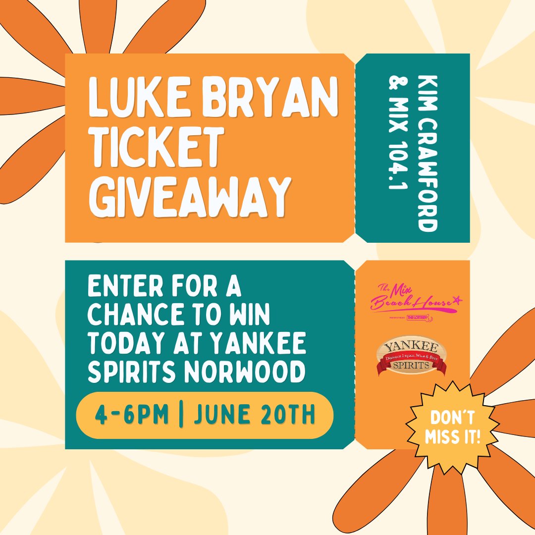🍷✨ IT'S HAPPENING TODAY! 

Sip delicious wines, meet Kennedy from Mix 104.1 in person, and enter to win Luke Bryan concert tickets at the Xfinity Center! Plus, you'll qualify for the MIX BEACH HOUSE! 🎤🏖️ Don't miss out! 

#MIX1041 #LukeBryan #KimCrawford #WineBig