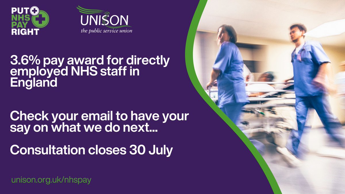 UNISONOurNHS's tweet image. UNISON member directly employed by the NHS in England? Have your say on how we respond to the 3.6% pay award.
Check your email for your personal voting link. This is your chance to make your voice heard so please take part in the consultation by 30 July.
unison.org.uk/nhspay