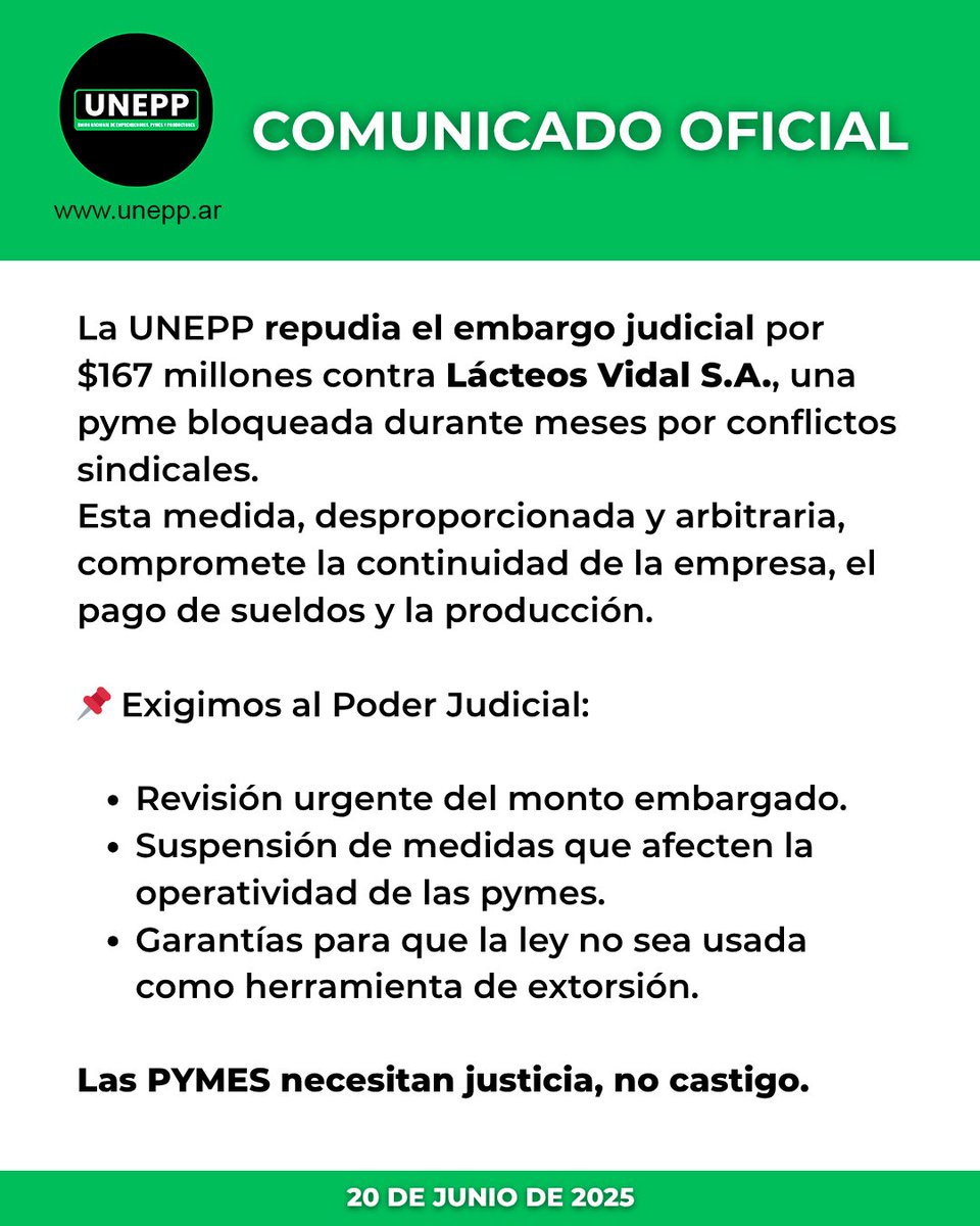 🔊 𝗖𝗼𝗺𝘂𝗻𝗶𝗰𝗮𝗱𝗼 𝗢𝗳𝗶𝗰𝗶𝗮𝗹. ¡𝗕𝗮𝘀𝘁𝗮 𝗱𝗲 𝗰𝗮𝘀𝘁𝗶𝗴𝗮𝗿 𝗮 𝗹𝗮𝘀 𝗣𝗬𝗠𝗘𝗦!

Desde 𝗨𝗡𝗘𝗣𝗣 alzamos la voz 𝗰𝗼𝗻𝘁𝗿𝗮 𝗲𝗹 𝗲𝗺𝗯𝗮𝗿𝗴𝗼 𝗷𝘂𝗱𝗶𝗰𝗶𝗮𝗹 𝗱𝗲 $𝟭𝟲𝟳 𝗺𝗶𝗹𝗹𝗼𝗻𝗲𝘀 a 𝘓𝘢́𝘤𝘵𝘦𝘰𝘴 𝘝𝘪𝘥𝘢𝘭 𝘚.𝘈., una empresa que ya 𝘀𝘂𝗳𝗿𝗶𝗼́