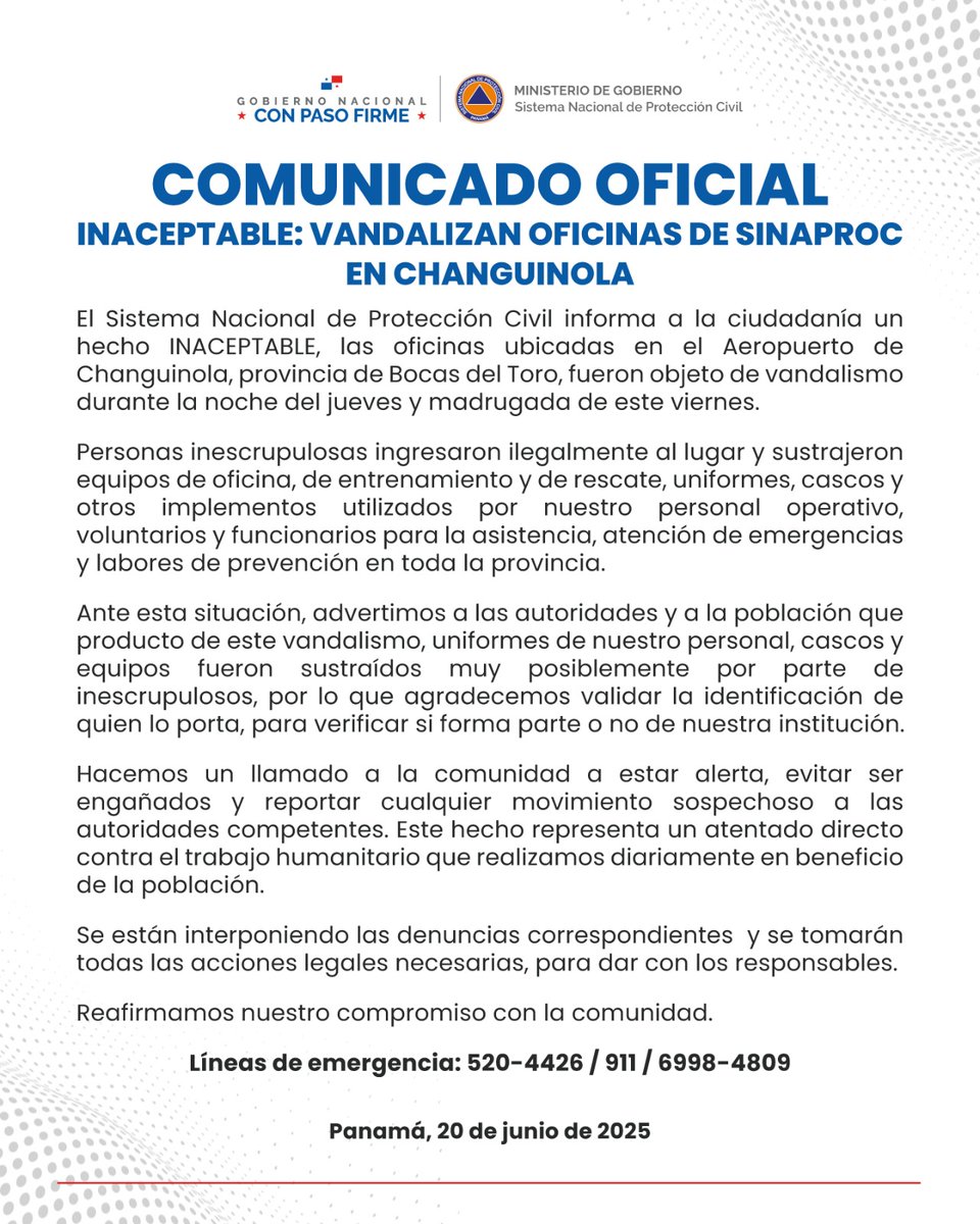 #ComunicadoOficial | Rechazamos  todo acto de violencia en contra de los recursos del Estado que están al servicio para las causas humanitarias y salvar vidas. 
Nuestra misión es salvaguardar y garantizar la protección civil en todo el territorio panameño.
#ConPasoFirme.