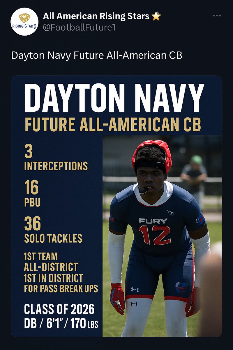 Grant Sports Group LLC (@grantsportsgrp) on Twitter photo 🧱 LOCKDOWN SEASON ‼️
Dayton Navy | 6’1 | 170 lbs | DB | C/O 2026
🧤 3 INTs
🚫 16 PBUs (1st in District)
👊 36 Solo Tackles
🏆 1st Team All-District
Strap City. Ball Hawk. Certified Problem.
D-1 Offers: Sam Houston (FBS)
<a href="/d_navy3/">Dayton Navy</a>
#DBU #ClassOf2026 #RecruitReady #NextUp 🧱 LOCKDOWN SEASON ‼️
Dayton Navy | 6’1 | 170 lbs | DB | C/O 2026
🧤 3 INTs
🚫 16 PBUs (1st in District)
👊 36 Solo Tackles
🏆 1st Team All-District
Strap City. Ball Hawk. Certified Problem.
D-1 Offers: Sam Houston (FBS)
<a href="/d_navy3/">Dayton Navy</a>
#DBU #ClassOf2026 #RecruitReady #NextUp