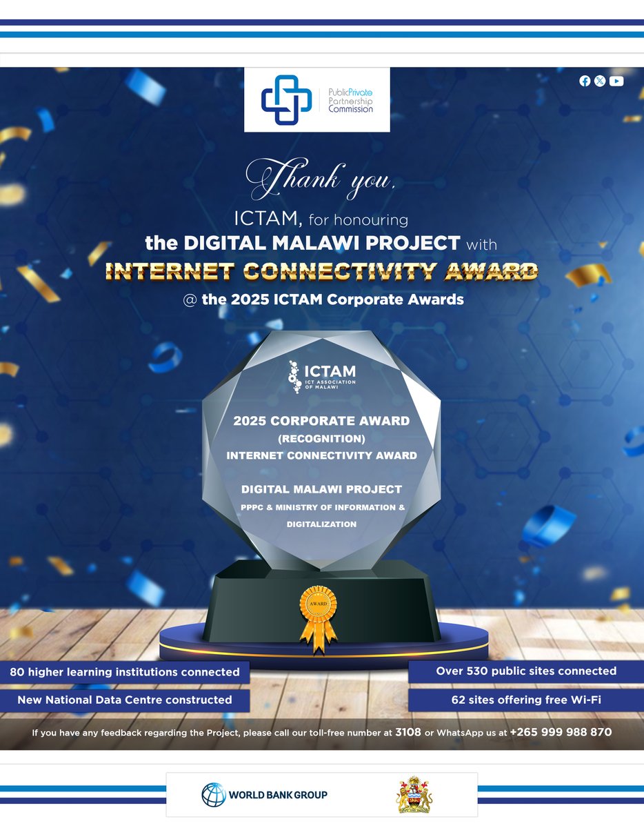 It takes one to recognize the impact of another. We sincerely thank ICTAM for honouring the Digital Malawi Project with the Internet Connectivity Award at the 2025 Corporate Awards. #DigitalMalawi #DMAP #DigitalTransformation #Malawi2063