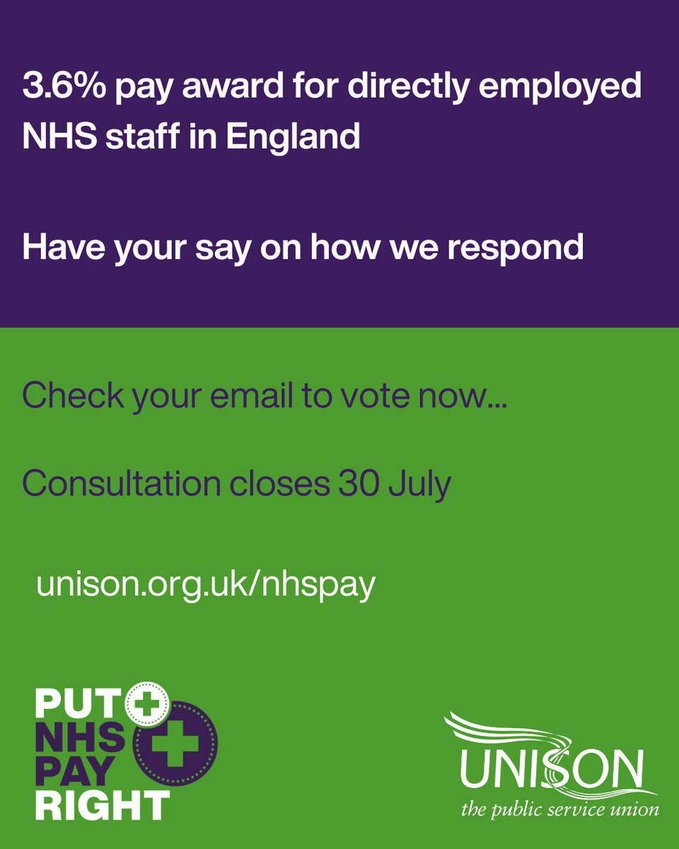 📣NHS pay consultation 📣

Have you had your email asking you about the 3.6% pay award, and whether you'd be willing to take industrial action to challenge it?

We need to hear from you so please check your email for your personal link to vote. 

unison.org.uk/nhspay