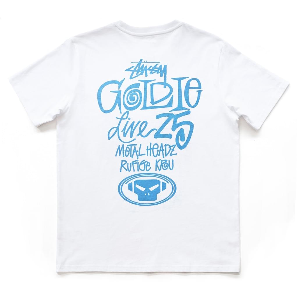 A one-off drop from <a href="/Stussy/">Stüssy</a> celebrating Goldie's 'Live 25' tour across the UK, Europe, and USA.

Strictly limited edition.

Features Dean Belcher's iconic portrait of Goldie, screen-printed and layered with Stüssy's classic 'GOLDIE Live 25' text.

metalheadz.co.uk/merchandise/gl…