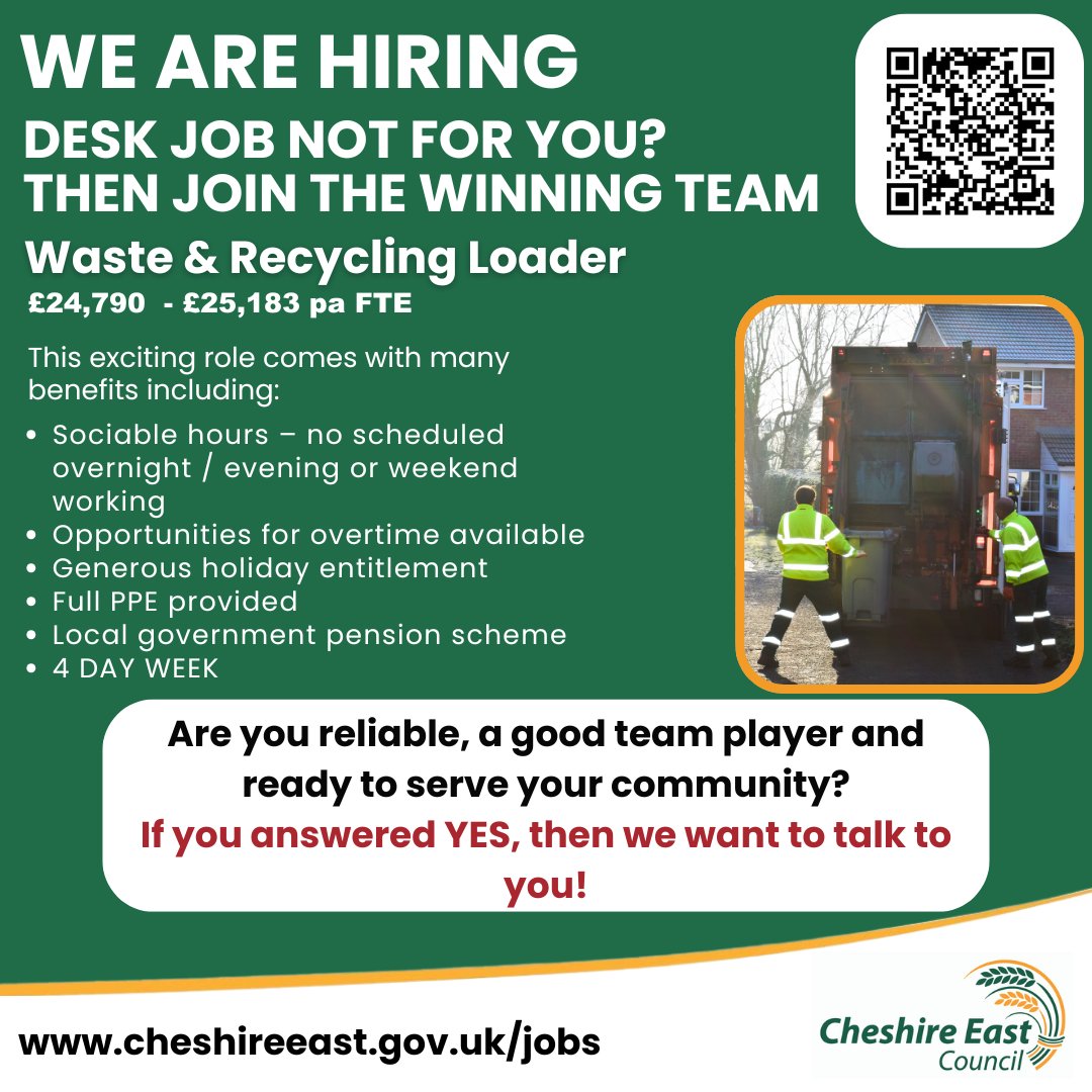 We're hiring. 

We are looking to recruit a Waste &amp; Recycling Loader. Interested? Learn more and apply on our website: cheshireeast.gov.uk/jobs 
#hiring #job #jobs #teamoftomorrow #jobseeker #jobopportunity #jobsearch #loveyourjob